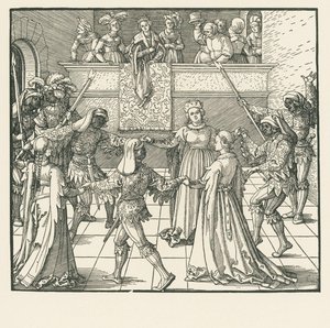 De maskerade (houtsnede) door Albrecht Dürer or Duerer