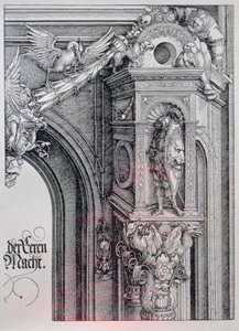 De triomfboog van keizer Maximiliaan I (1459-1519): detail van de centrale boog (de Poort van Eer en Macht) met een blad- en geanimeerd zuilkapiteel dat een ridder ondersteunt die in een architectonische nis staat, een figuur die een kant van een hangend c door Albrecht Dürer