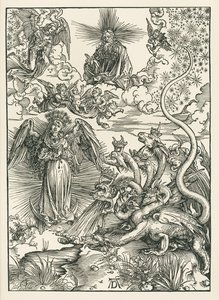 De vrouw bekleed met de zon en de draak met zeven koppen. De Openbaring van Johannes, ca. 1497 (houtsnede) door Albrecht Dürer or Duerer