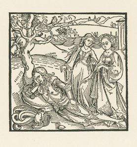 De ridder in meditatie wordt vergezeld door zijn twee dochters door Albrecht Dürer or Duerer