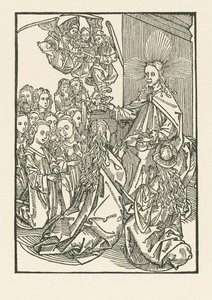 De beloning van de uitverkorenen, voorgesteld door de kroning van Maria omringd door de heiligen door Albrecht Dürer or Duerer