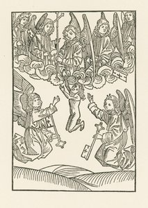De zeven engelen met een kruis en de zes sleutels, waarmee ze de Hemel openden voor de zes werken van Barmhartigheid, ontvangen een ziel in de Hemel door Albrecht Dürer or Duerer