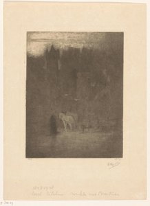Figuur en twee paarden bij een kasteel in de mist door Albrecht Felix Reicher (signed by artist)