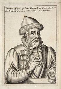 John Guttemberg, uit Mechanick Exercises: or The Doctrine of Handy-Works applied to the Art of Printing, uitgegeven 1683 door Albrecht after Mentz
