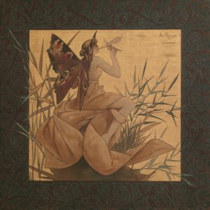 Compositie met gevleugelde nimf tussen het riet