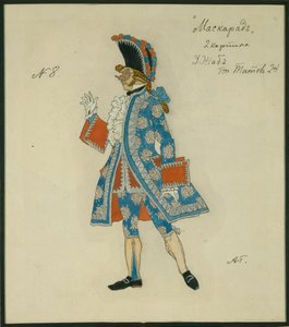 Kostuumontwerp voor het toneelstuk Het Masquerade van M. Lermontov door Aleksandr Jakovlevic Golovin