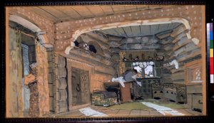 Decor voor de opera De Pskov Maagd van N. Rimsky-Korsakov. Beschrijving van het interieur. door Aleksandr Jakovlevic Golovin