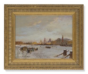 Uitzicht over de bevroren Neva, de Rostral kolommen, de Sint-Isaacskathedraal en de Admiraliteit, Sint-Petersburg