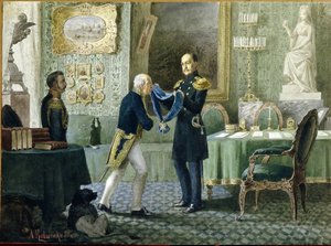 Keizer Nicolaas I van Rusland (1796-1855) overhandigt het blauwe lint van de Orde van Sint-Andreas aan graaf Mikhail Speranski (1772-1839)