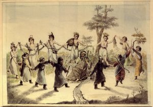 Allegorie van de twaalf maanden van het jaar. Twaalf personages (kinderen, vrouw, man), elk gekenmerkt door een symbolisch accessoire of een detail van hun kostuum, dansen rond een gekroonde oude man