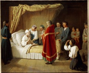 De eucharistie aan de stervende. Een priester van de orthodoxe kerk bezoekt een zieke vrouw om haar het sacrament te geven, omringd door haar familieleden. Schilderij van Alexei Gavrilovich Venetsianov
