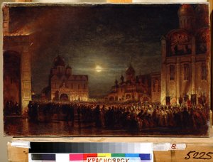 Paasmatines. Verzameling van gelovigen bij dageraad, met brandende kaarsen, rond priesters en bisschoppen, om het liturgische feest te vieren op een plein omringd door kerken