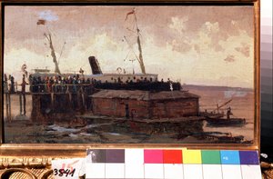 Zicht op een stoomschip aan de kade in een haven door Aleksei Petrovich Bogolyubov