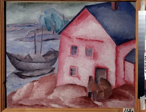 Een roze huis bij de rivier