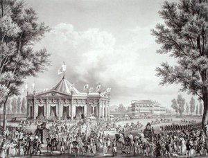 Processie langs het paviljoen opgericht voor de kroning van Ferdinand I (1793-1875) door Alessandro (after) Sanquirico