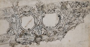 Ontwerp voor de Boeg van de Galerij van Paus Urbanus VIII met de Barberini Wapens van Bijen en Zon, Ignudi, Tritons, Hippocamps, Putti en een Allegorie van Overwinning als Boegbeeld Onder de Letters VRBA In