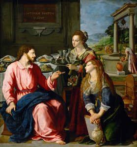 Duits: Christus bei Maria und Martha Christus in het huis van Martha en Maria door Alessandro Allori