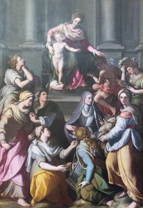 Madonna op de troon met Kind, omringd door heiligen en figuren