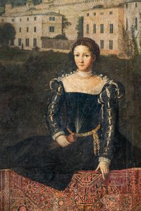 Portret van een edelvrouw, detail van de Kleine Kamer van de Edelvrouwen door Alessandro Bonvicino Moretto
