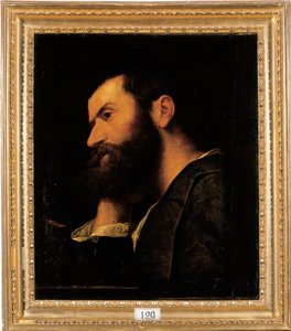 Portret van de dichter Pietro Aretino, borstbeeld, rustend met zijn hoofd op zijn rechterhand bij een rand met een plant
