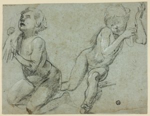 Schetsen van twee Putti, één die hand van dode Christus vasthoudt (recto); romp en benen van knielende figuur (verso) door Alessandro Casolani