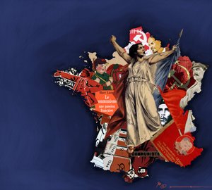 Een mariana tegen een achtergrond van communistisch collage. Allegorie van het communisme in Frankrijk. 2010 Kleuren tekening door Alessandro Lonati.