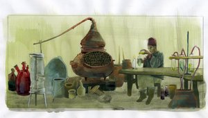 Alchemist in zijn laboratorium met potten en distilleerketel (Illustratie door Alessandro Lonati)