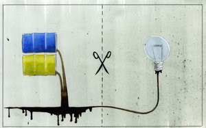 Allegorische voorstelling van schone energie en fossiele brandstoffen