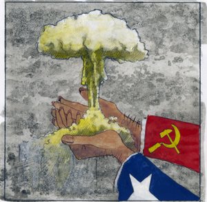 Allegorische voorstelling van de Koude Oorlog als Amerikaanse en Sovjet-handen die de atoomwolk vasthouden (Illustratie door Alessandro Lonati)