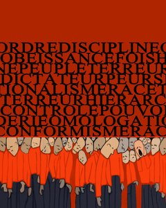 Allegorie van het gewicht van dictatuur, repressie, discipline over de mens, menigte verpletterd door macht en angst voor tirannen - Illustratie 2014 door Alessandro Lonati