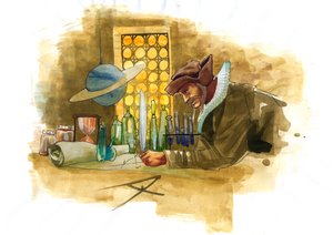 Een alchemist in zijn laboratorium omringd door flessen en destilleerkolven die de inhoud van een fles onderzoekt