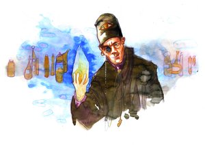 Een alchemist in zijn laboratorium omringd door flessen en destilleerkolven die de steen der wijzen vasthoudt