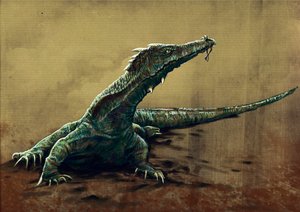Fantastische monsters en wezens, cryptozoologie: voorstelling van een buru, grote hagedis die zou zijn gezien in noordoost India