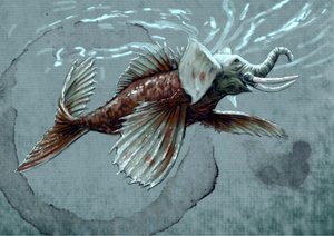 Fantastische monsters en wezens, cryptozoologie: voorstelling van een makara, waterdier uit het mythologische bestiarium van India