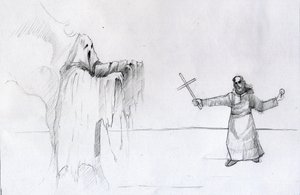 Gevecht tussen een monnik met een crucifix en een geest