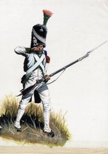 Eerste Keizerrijk: Velite soldaat van het grote Napoleontische leger in Italië die een patroon opent