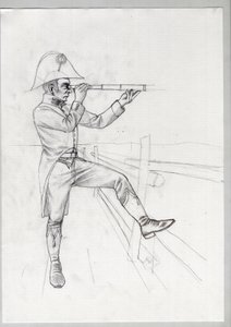 Eerste Keizerrijk (1804-1814 en 1815): senior soldaat van het grote Franse Napoleontische leger in observatie met een verrekijker - Onvoltooide tekening door Alessandro Lonati door Alessandro Lonati