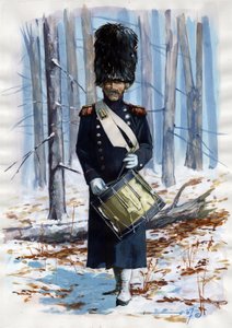 Eerste Keizerrijk: soldaat van het grote Napoleontische leger, trommelaar van de grenadiers van de Franse Keizerlijke Garde in mantel