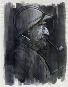 Eerste Wereldoorlog 1914-1918: profielportret van een soldaat van het Italiaanse leger die pijp rookt in 1915