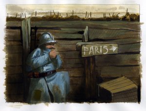 Eerste Wereldoorlog: een harige Franse soldaat bij een bord dat Parijs aangeeft