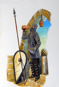 Eerste kruistocht: een kraanvogel in rust, uitgerust met zijn maliënkolder, drinkt de karaf, zijn schild en speer liggen naast hem. door Alessandro Lonati