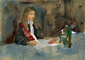 Franse schrijver Jean de la Fontaine die naar zijn personages uit zijn fabels kijkt Illustratie door Alessandro Lonati
