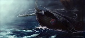 Legendarisch wezen: Draak die een Drakkar (Vikingboot) aanvalt