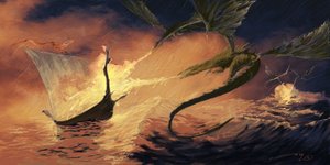 Legendarisch wezen: draak die een drakkar (Vikingboot) aanvalt