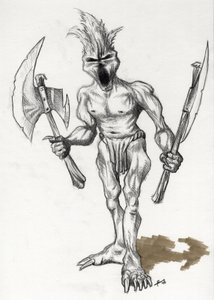 Legendarisch monster voor fantasie illustratie: trol krijger met bijlen door Alessandro Lonati