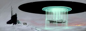 Ontmoeting op de Noordpool tussen een U-boot onderzeeër en een vliegende schotel (UFO, UFO of buitenaards wezen) voor de teruggave van een onderzeeër die tijdens de oorlog door buitenaardse wezens werd meegenomen.