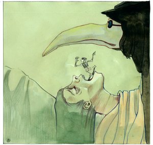 Pestdokter met een snavelachtig masker gevuld met aromatische items voor een slachtoffer