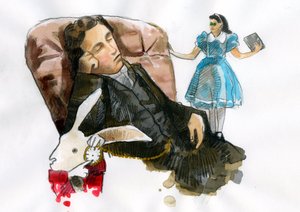 Portret van Lewis Carroll, romanschrijver, essayist, fotograaf omringd door zijn personages door Alessandro Lonati