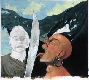 Portret van een piraat die zijn tegenstander uitdaagt door hem met zijn tong aan te raken door Alessandro Lonati