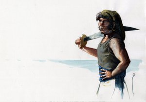 Portret van een piraat of zeeman met een zwaard die naar de zee kijkt